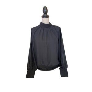 Andrew Marc New YorkWomens Blouse 1X Black Long Sleeve Sheer Pleated Corpcore